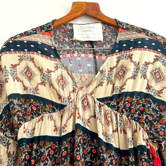 California Moonrise Blue Cream Patchwork Style Long Sleeved Boho Top - Picture 7 of 10